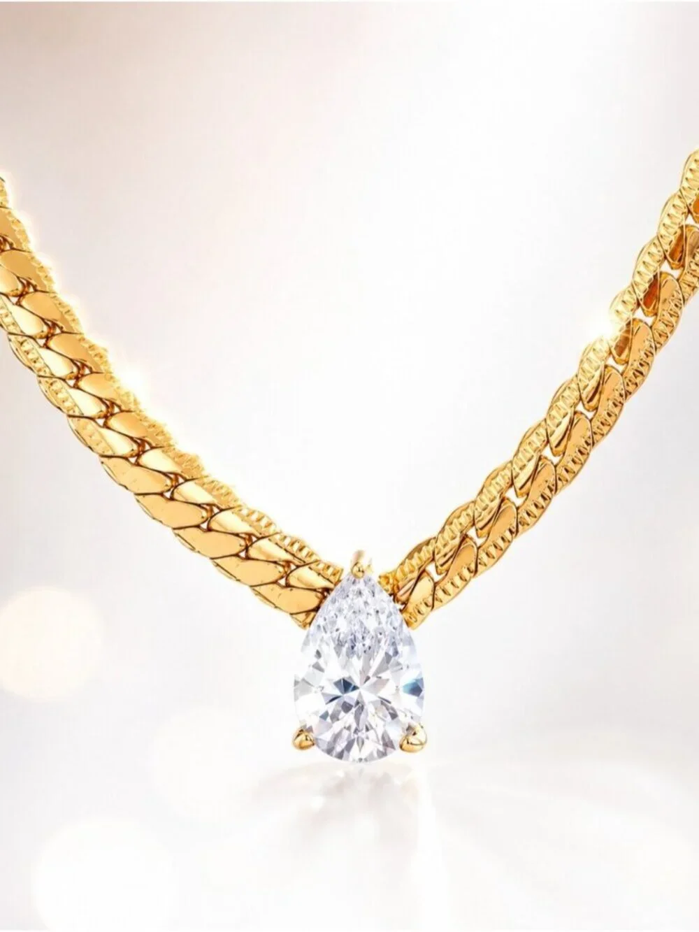 Fashion 18K Gold Plated Bling Cubic Zirconia Stainless Steel Necklace